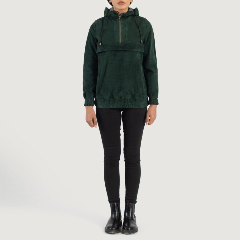 Womens Zest Green Hooded Suede Pullover Jacket Full Length-2-1686937520305